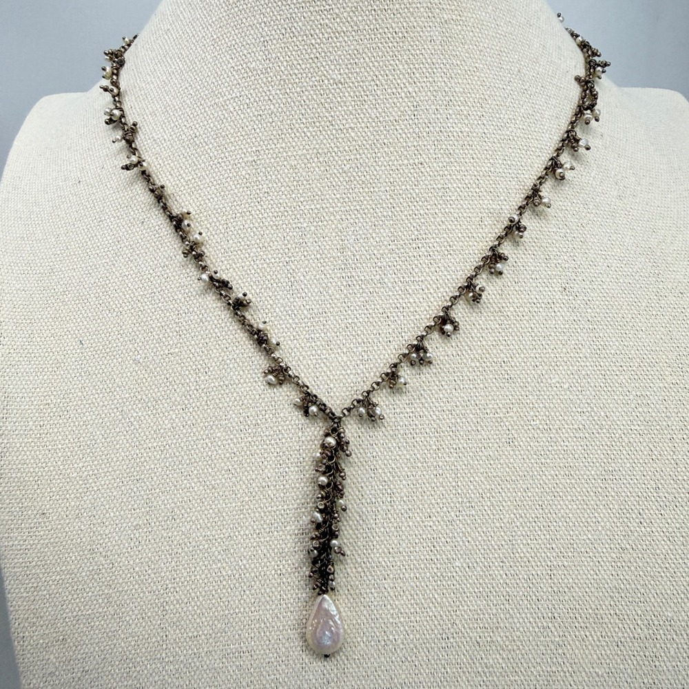 Sterling Silver Freshwater Pearl Y-Necklace Baroque Teardrop Fringe Drop‎
